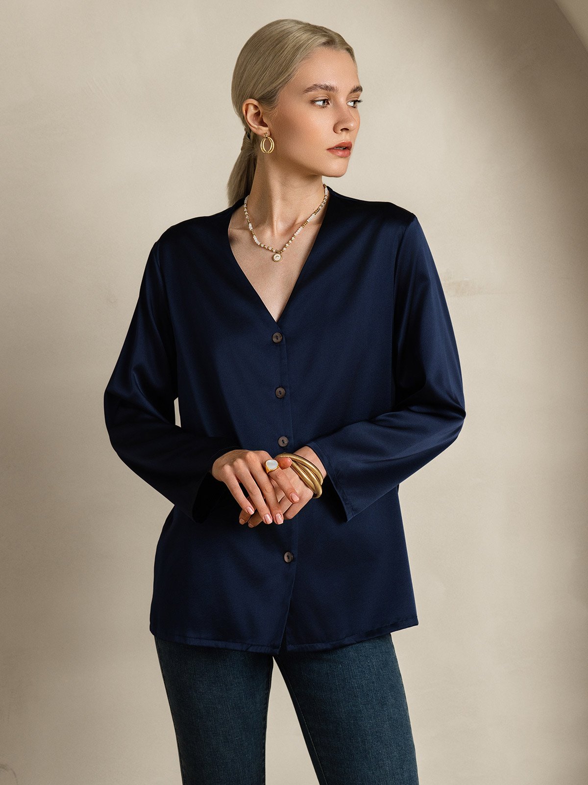 [Azul Oscuro] SilkSilky-ES 19Momme Seda Cuello en V Blusas de Mujer 005