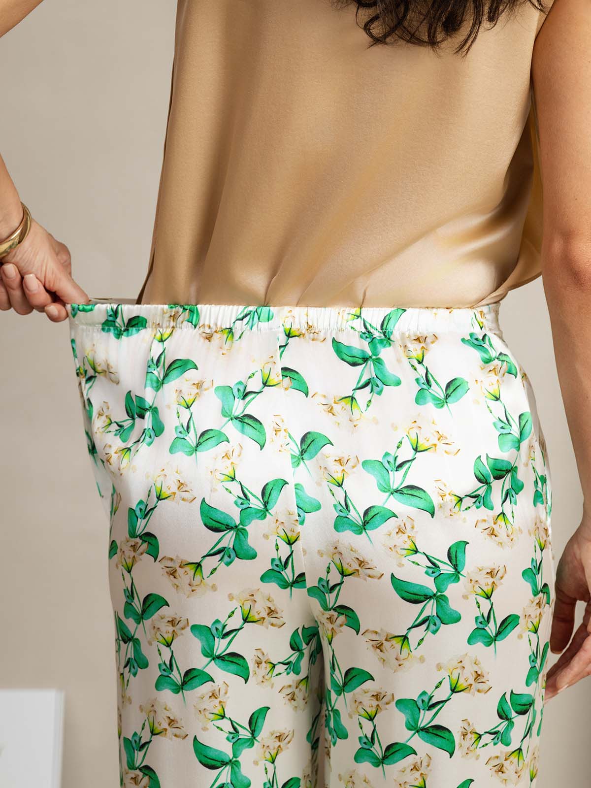 [Floral Verde] SilkSilky-ES 19Momme Seda Womens Pants 005