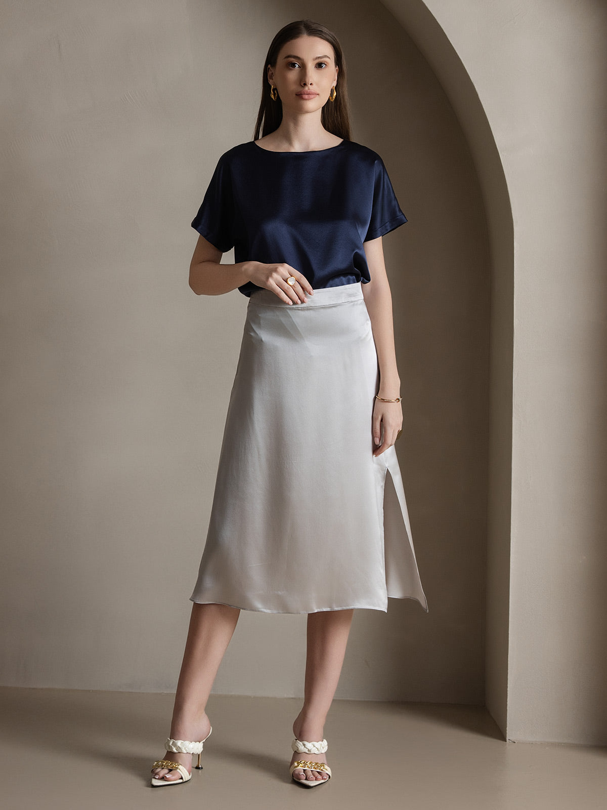 [Gris Claro] SilkSilky-ES 19Momme Seda Skirt 002