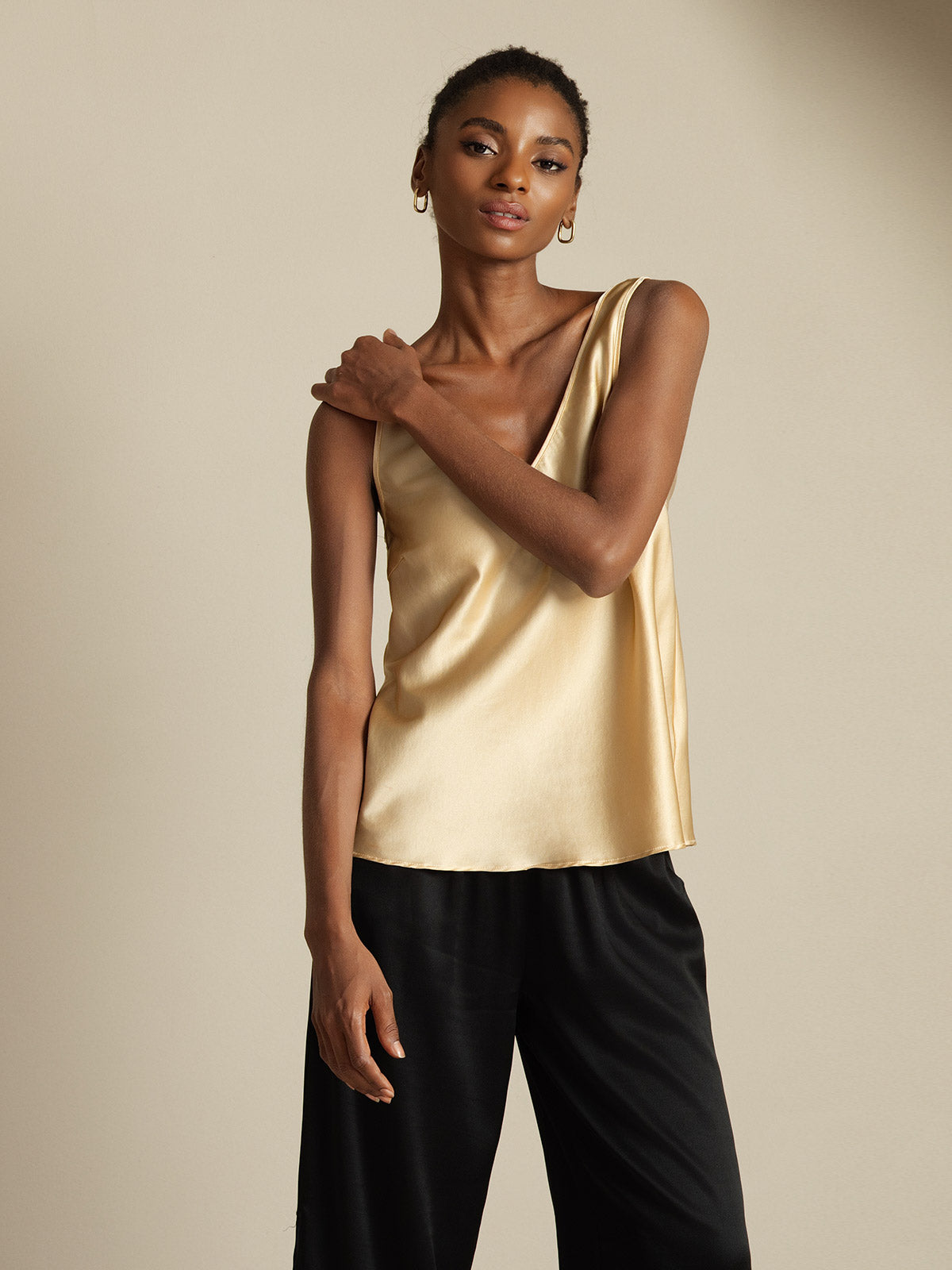 [Champán] SilkSilky-ES 19Momme Sin mangas Cuello en V Top de tirantes 007