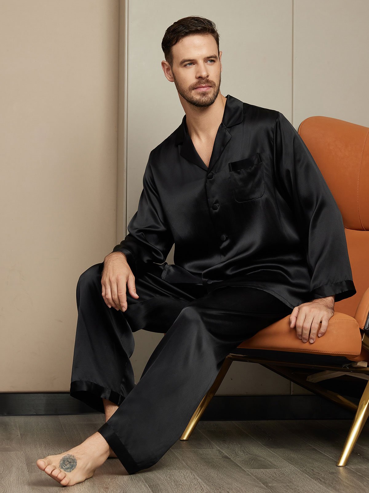 [Negro] SilkSilky-ES Seda Pura Mens Pajamas 003