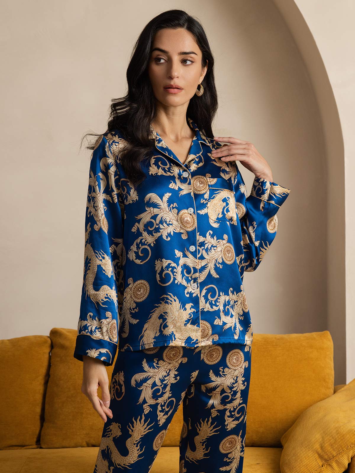 [Dragón Navy] SilkSilky-ES Seda Pura Womens Pajamas 003