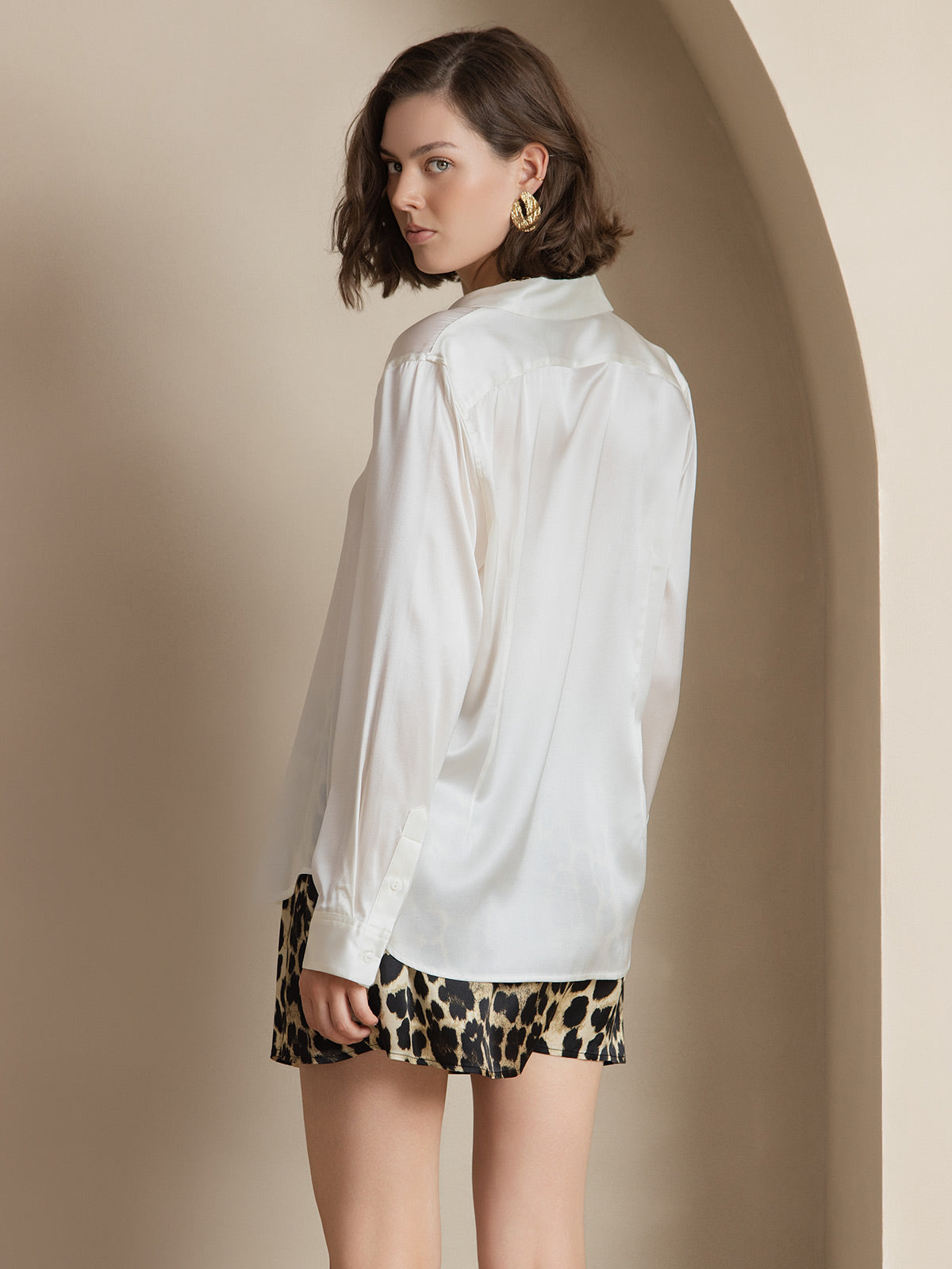 [Blanco] SilkSilky-ES Seda Manga larga Cuello Camisero Blusas de Mujer 002