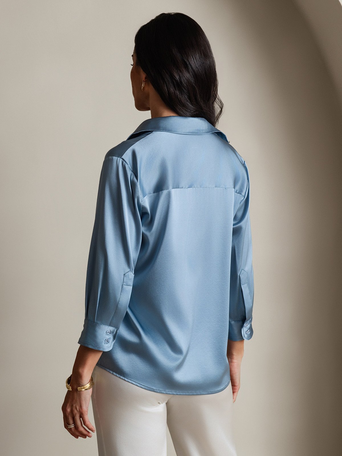 SilkSilky-ES 19Momme Seda Manga larga Solapa Blusas de Mujer AzulGrisáceo 002