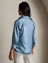 [Azul Grisáceo] SilkSilky-ES 3/4 Sleeve Lapel Collar Blusas de Mujer 002