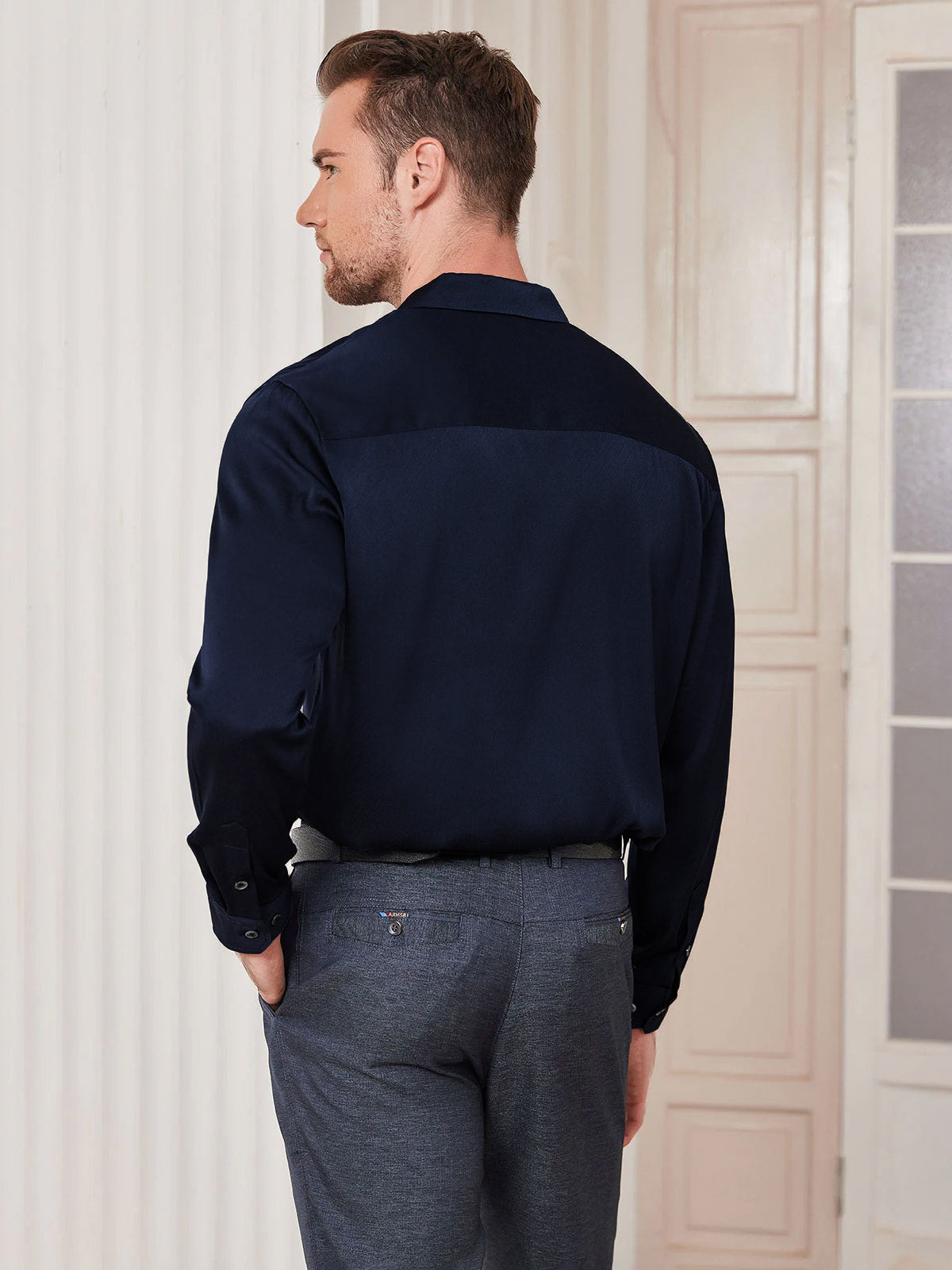 [Azul Oscuro] SilkSilky-ES Seda Cuello Camisero Camisa de hombre 004