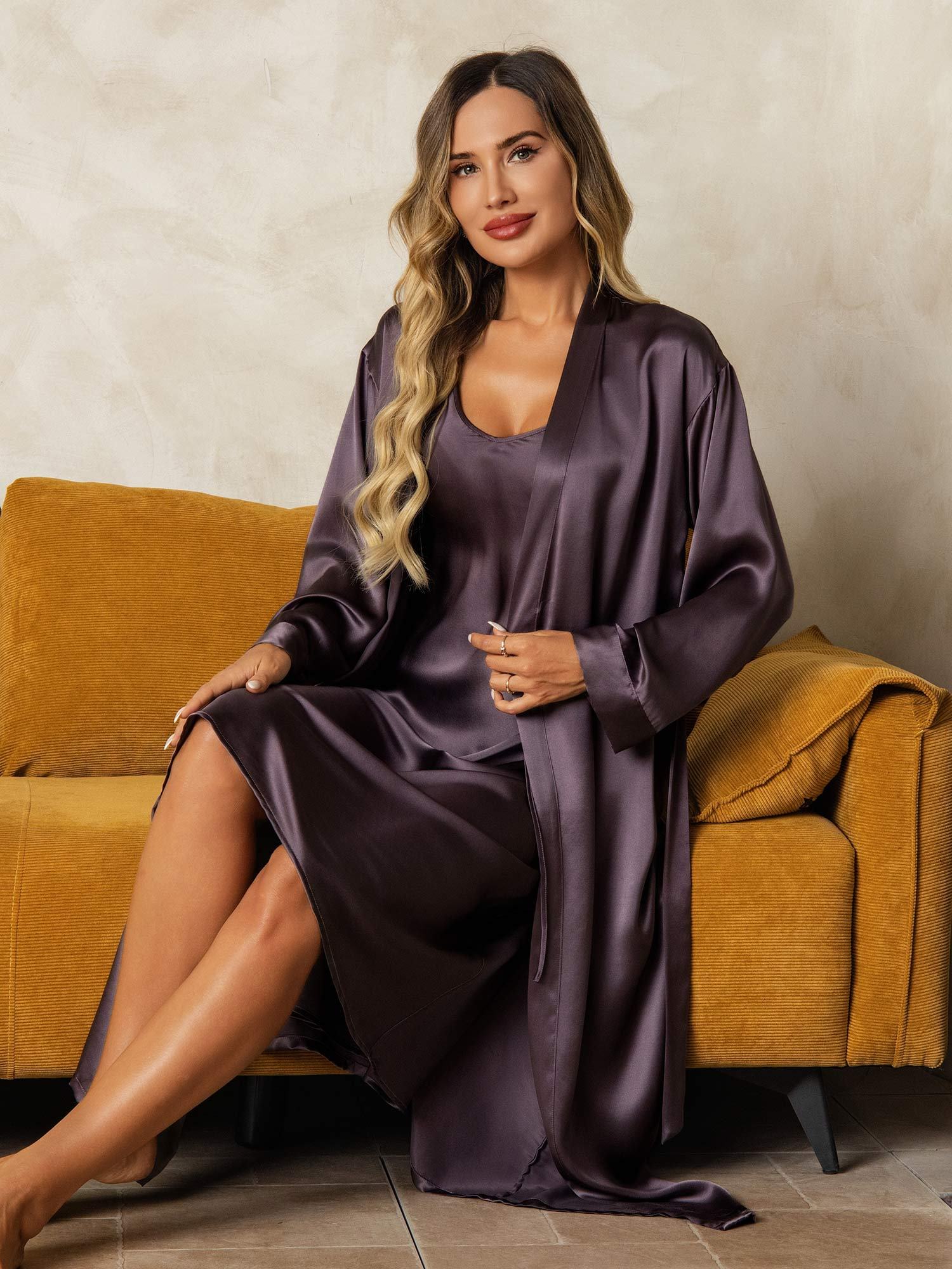 [GrisPúrpura] SilkSilky-ES Seda Pura Cuello en V Conjunto de camisón y bata 008