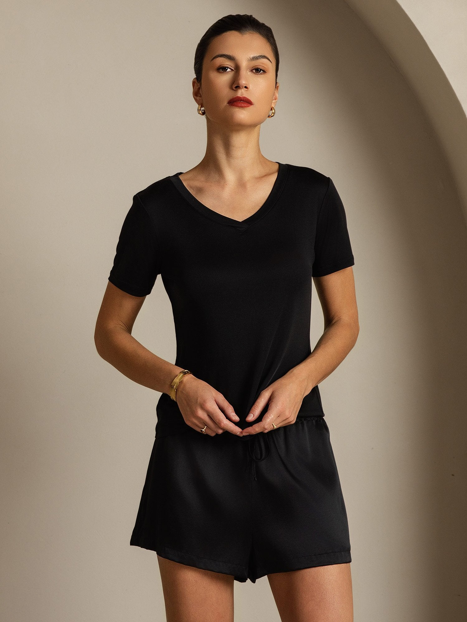 [Negro] SilkSilky-ES Seda Pura Cuello en V Camisetas de Mujer 006