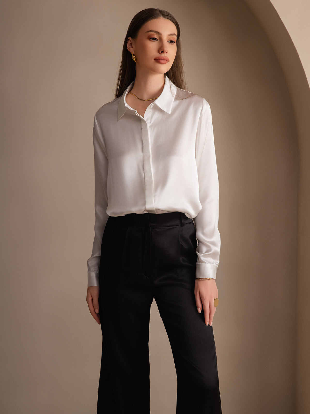 [Blanco] SilkSilky-ES 19Momme Seda Lapel Collar Blusas de Mujer 007