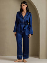 [Azul Oscuro] SilkSilky-ES Long Sleeve Shawl Collar Pijamas de mujer 005