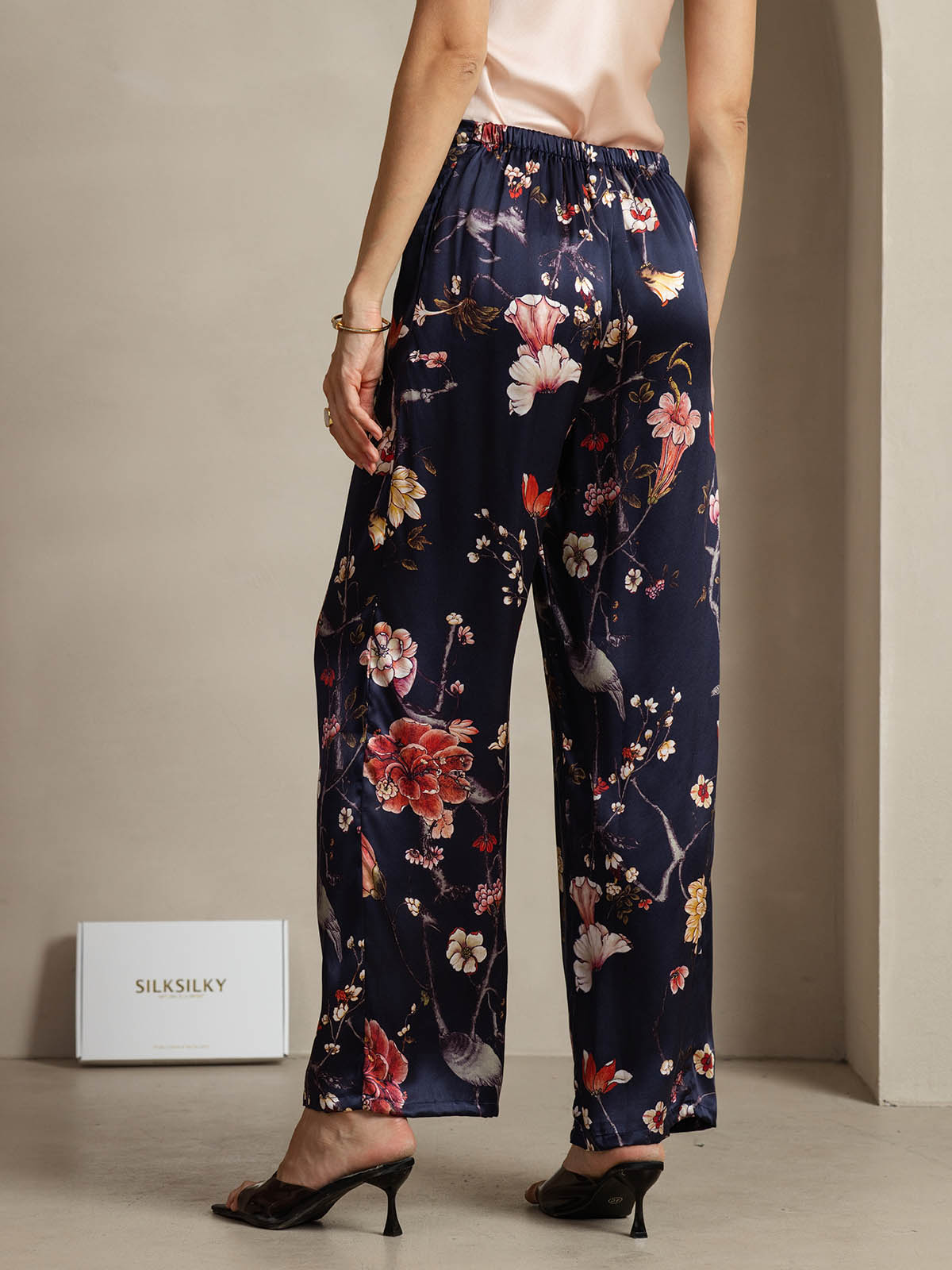 [Floral Azul Marino] SilkSilky-ES 19Momme Seda Womens Pants 002