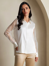 [Blanco] SilkSilky-ES Long Sleeve Lapel Collar Blusas de Mujer 004