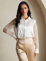 [Blanco] SilkSilky-ES Long Sleeve Lapel Collar Blusas de Mujer 003