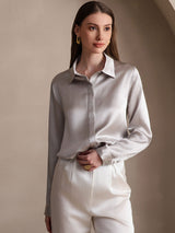 [Gris Claro] SilkSilky-ES 19Momme Manga larga Cuello con Solapa Blusas de Mujer 001