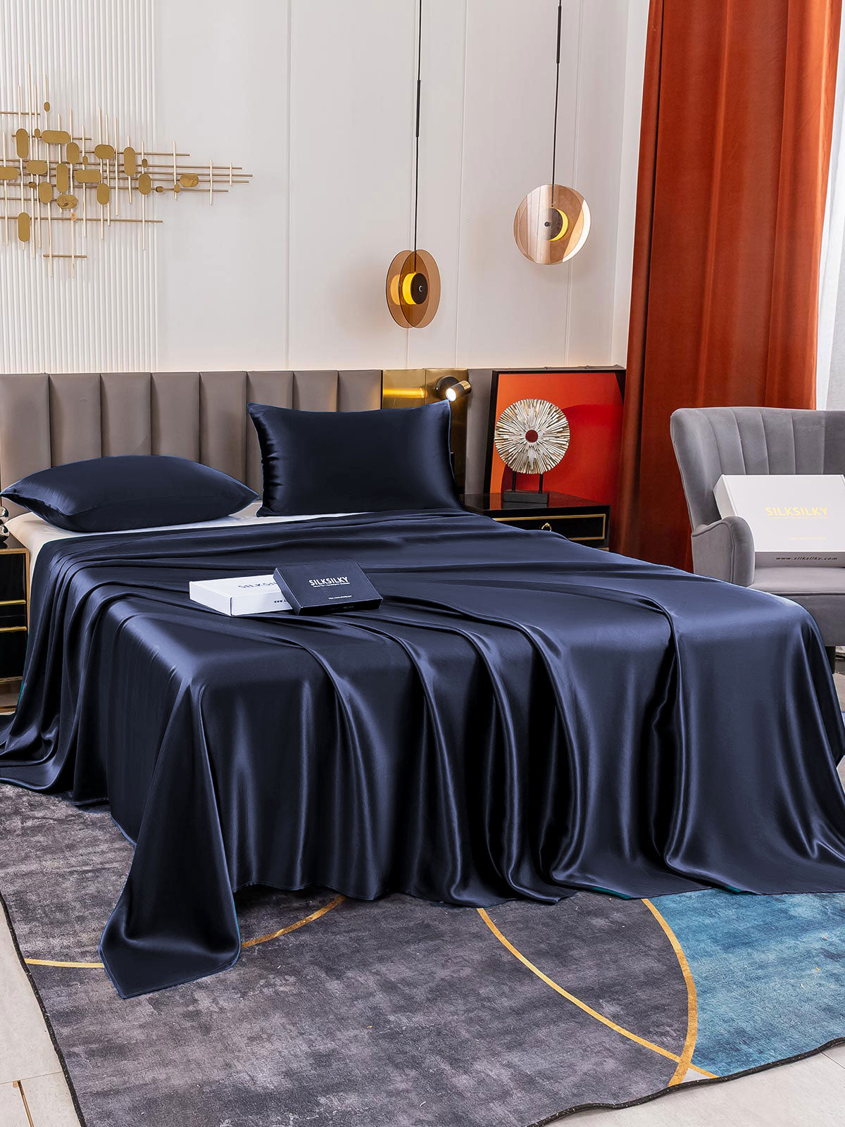 [Azul Oscuro] SilkSilky-ES 19Momme Juego de ropa de cama 003