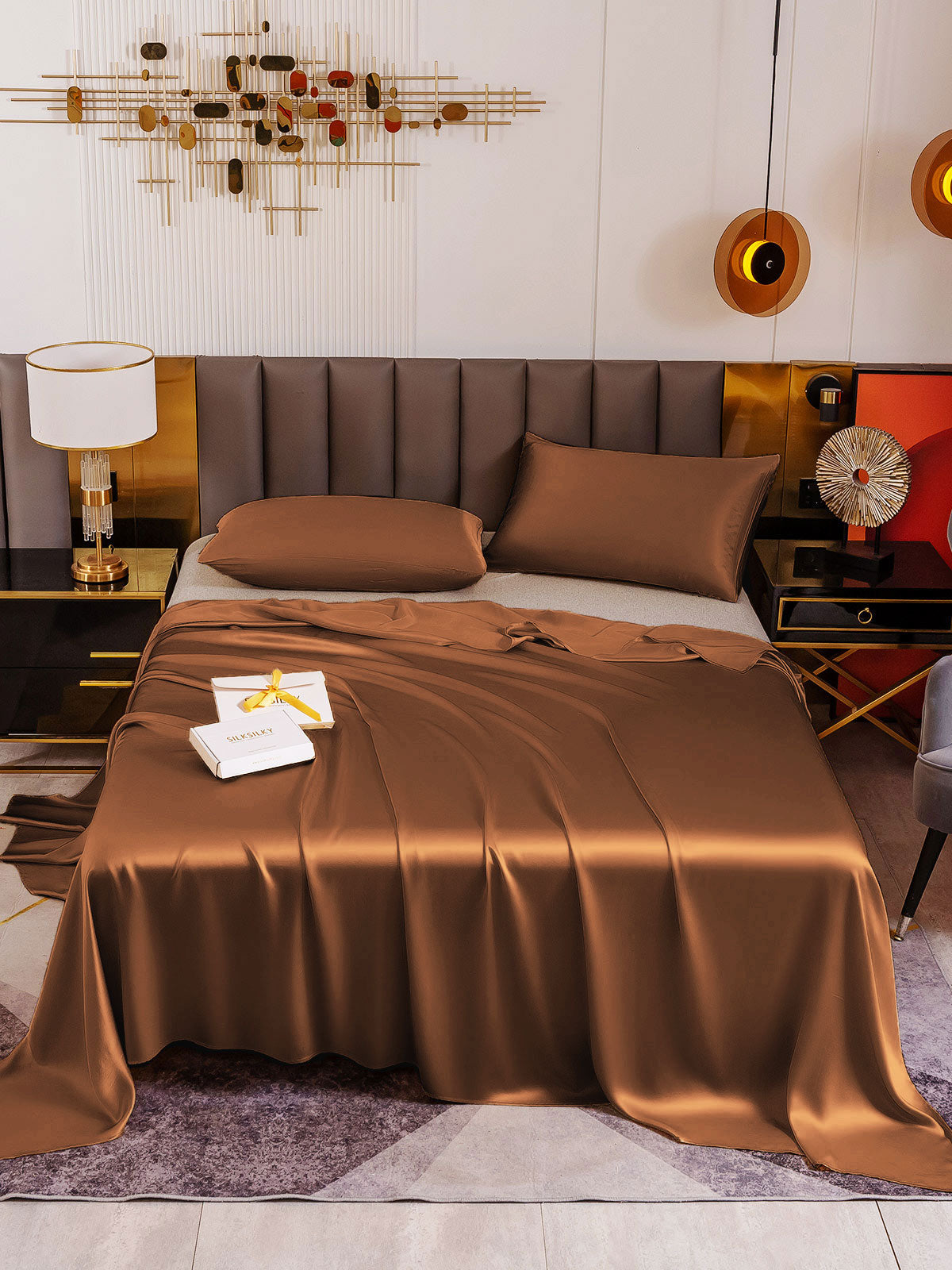 [Café] SilkSilky-ES 19Momme Juego de ropa de cama 002