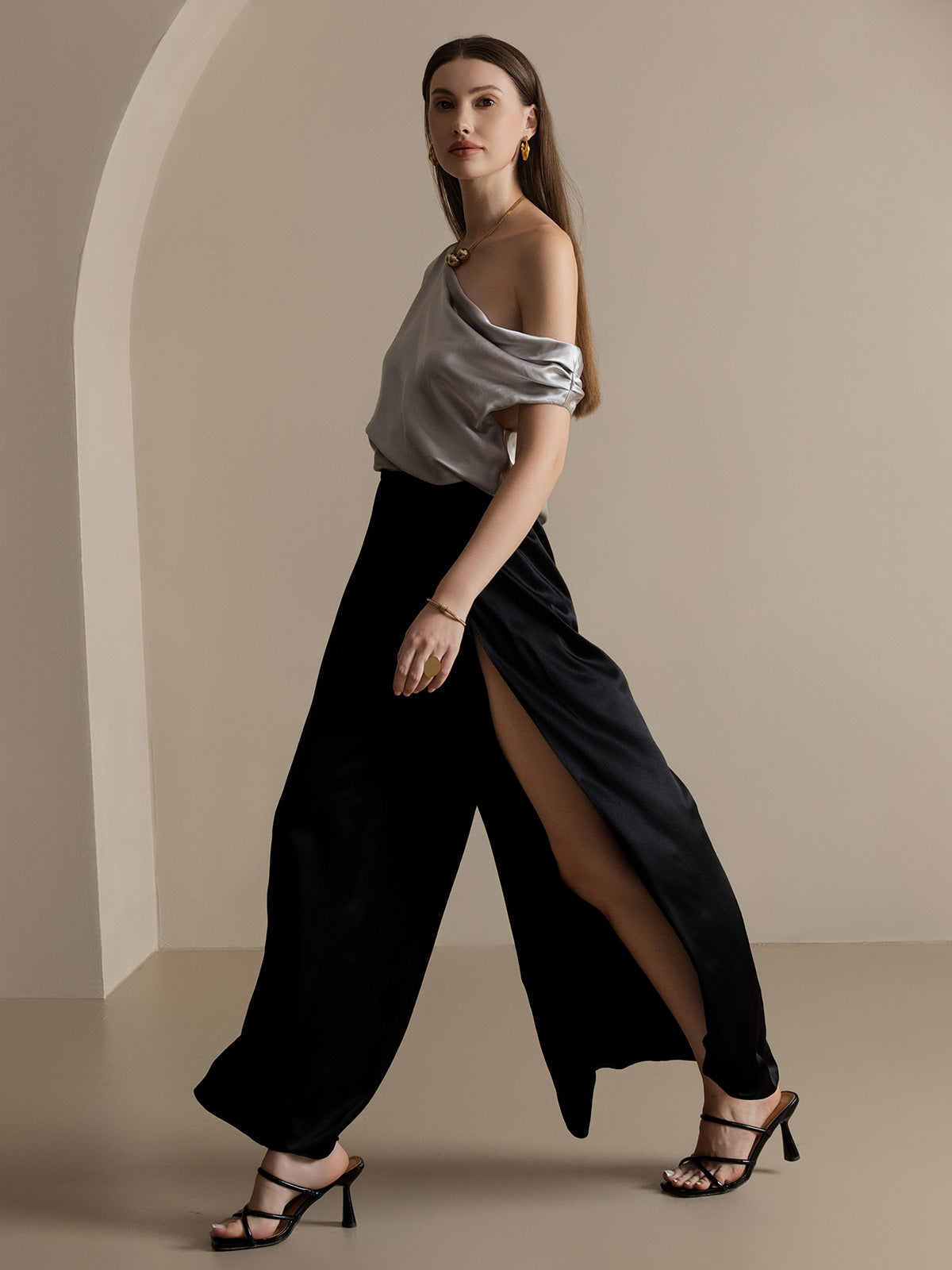 [Negro] SilkSilky-ES 19Momme Seda Split Pantalones de mujer 008