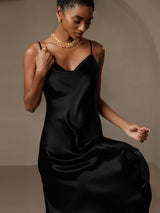 [Negro] SilkSilky-ES Spalline Sottili Cuello Drapeado Vestido 006