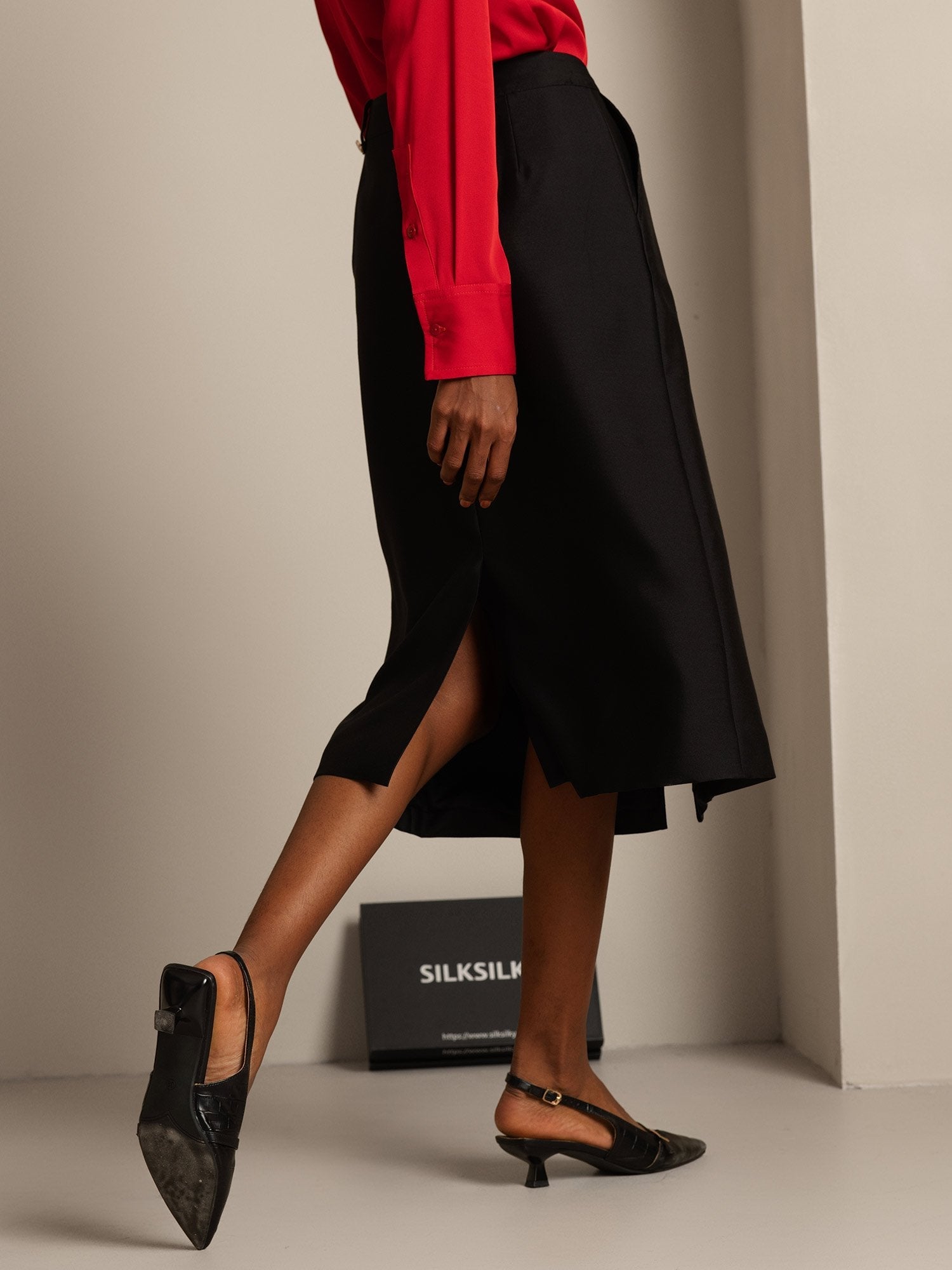 [Negro] SilkSilky-ES 32Momme Silk-Wool Blend Skirt 002,