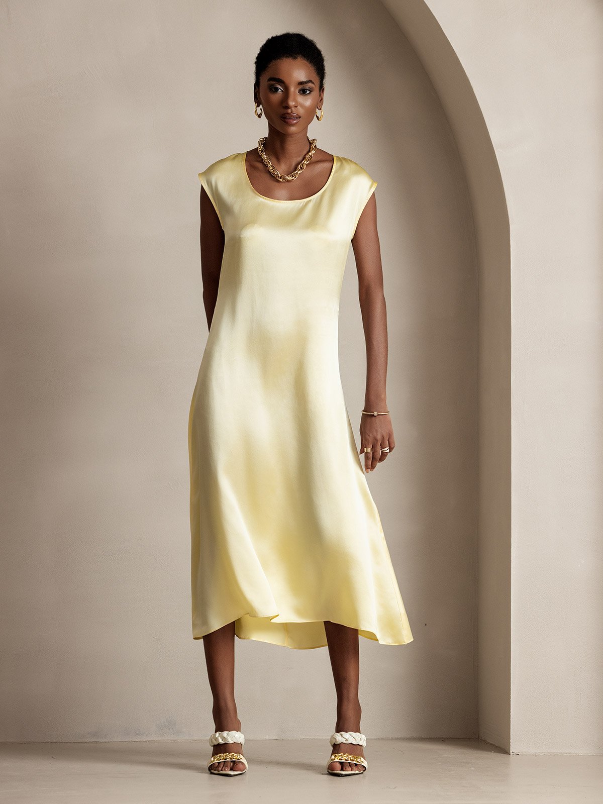 [Amarillo Claro] SilkSilky-ES 19Momme Seda Dress 001