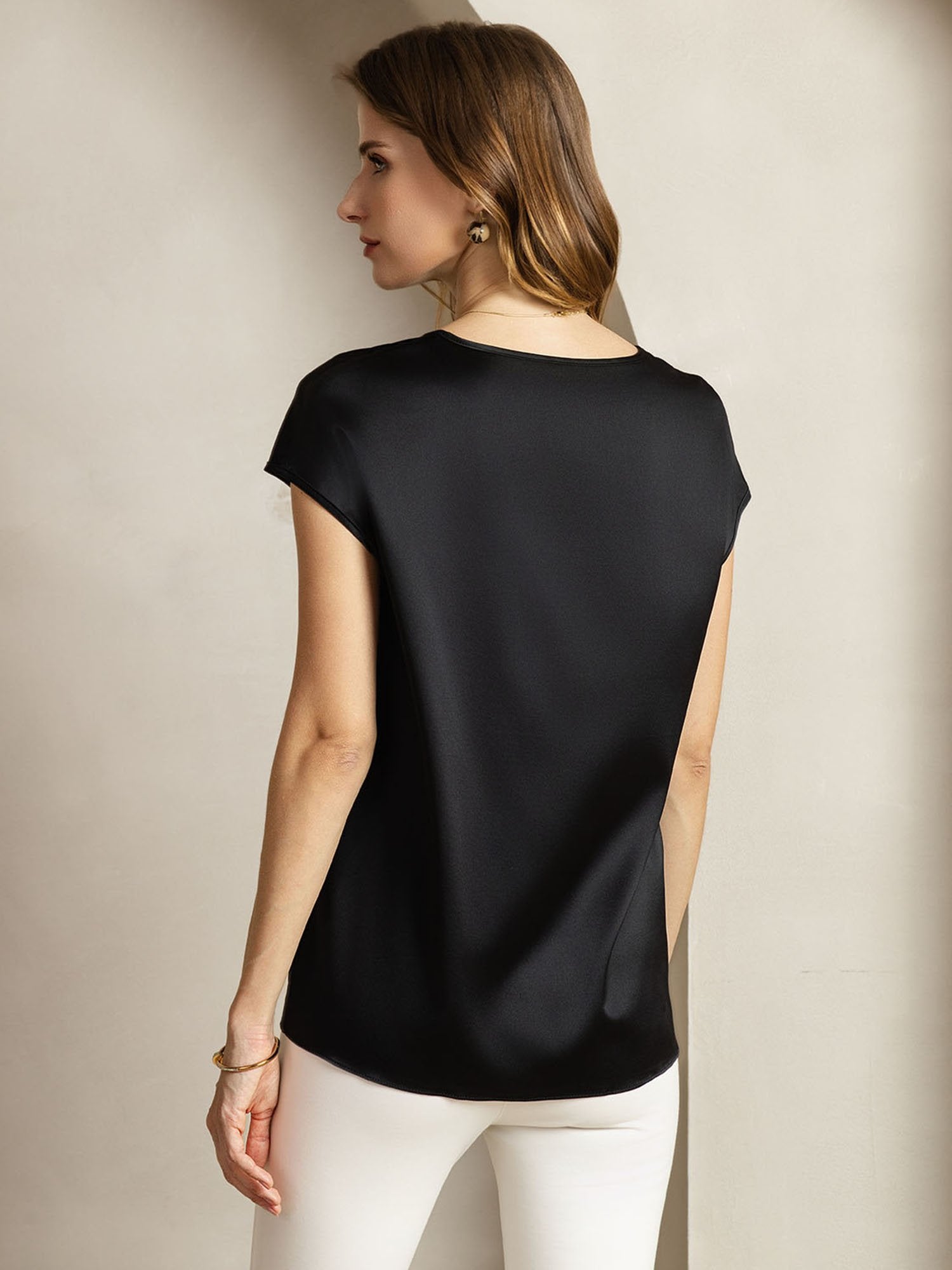 [Negro] SilkSilky-ES 19Momme Seda Halter Neck Camisetas de Mujer 002