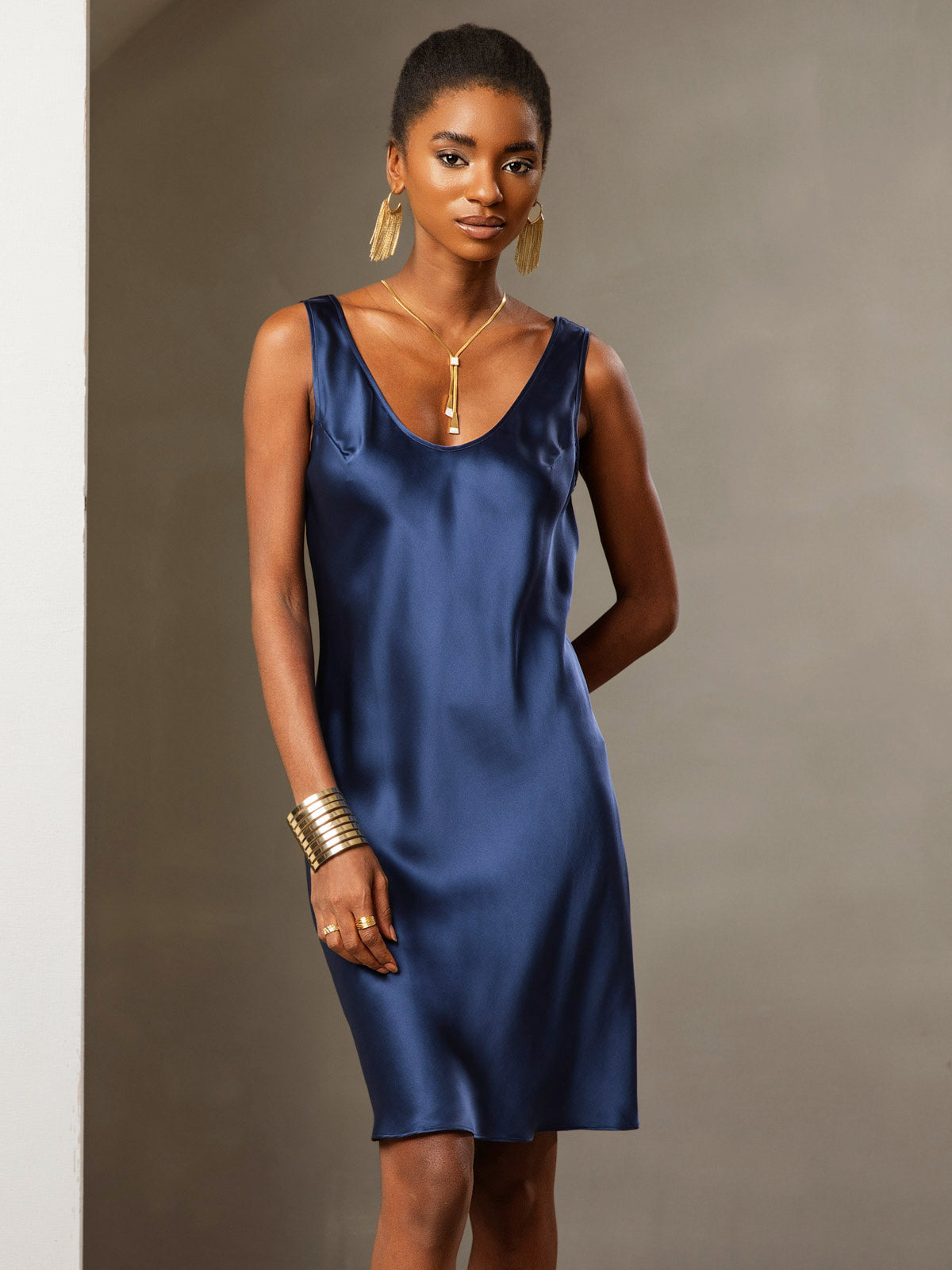 [Azul Oscuro] SilkSilky-ES Seda Pura Sin mangas Round Neck Vestido 001