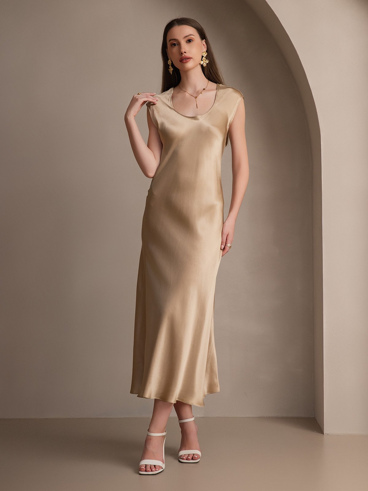 [Champán] SilkSilky-ES 19Momme Seda Dress 003