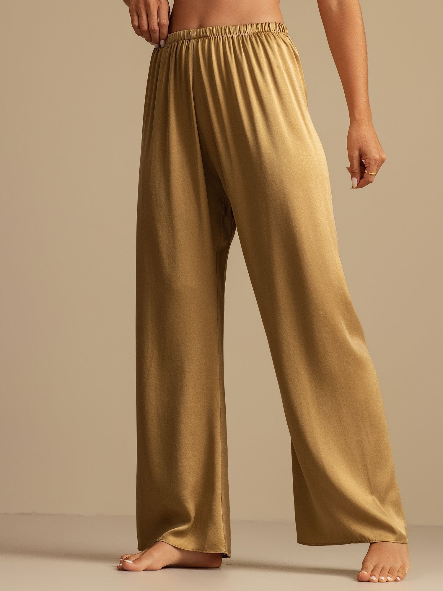 [Marrón Claro] SilkSilky-ES 19Momme Seda Womens Sleep Bottoms 004,