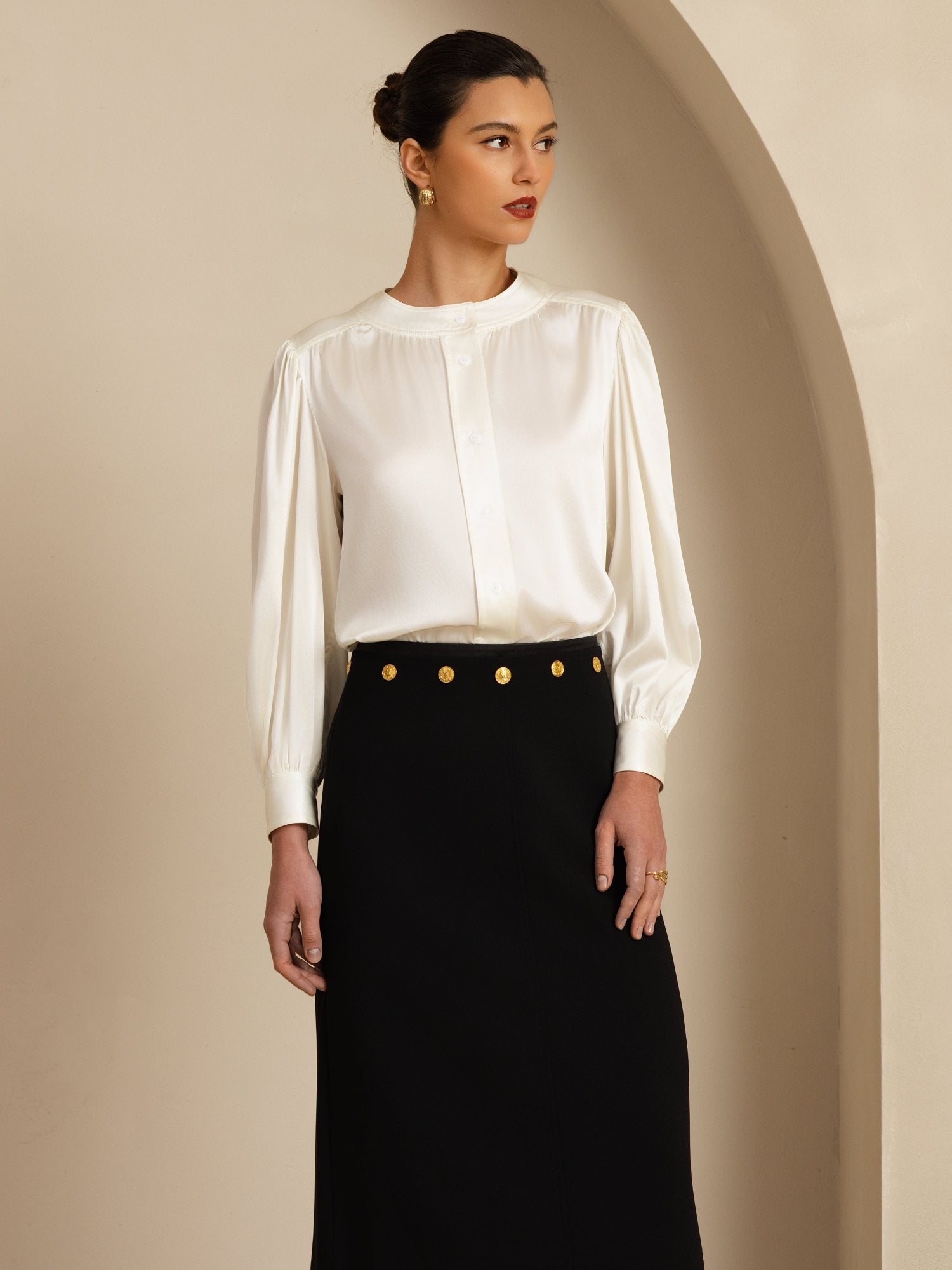 [Blanco] SilkSilky-ES 19Momme Long Sleeve Round Neck Blusa 006