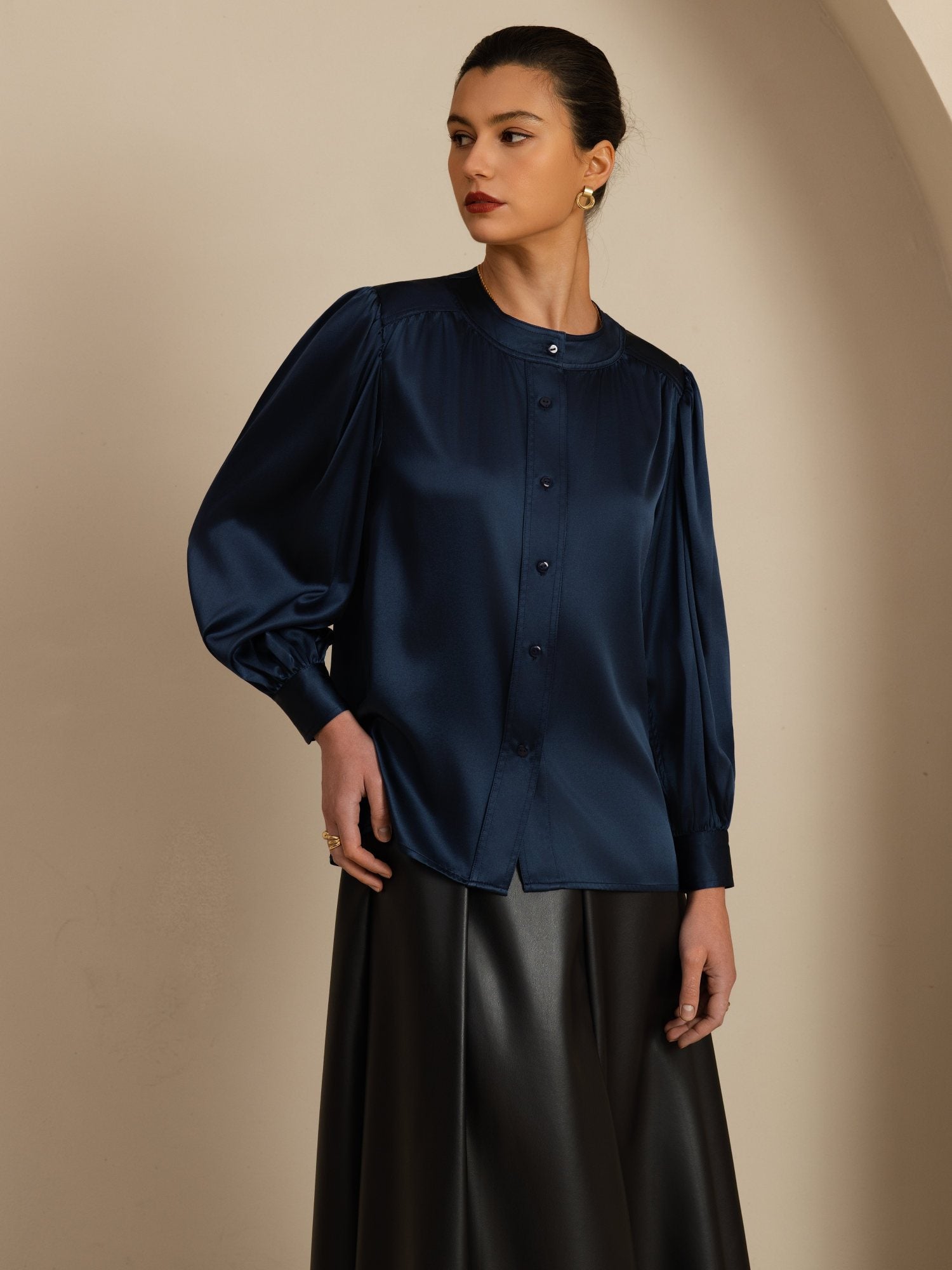 [Azul Oscuro] SilkSilky-ES 19Momme Long Sleeve Round Neck Blusa 005