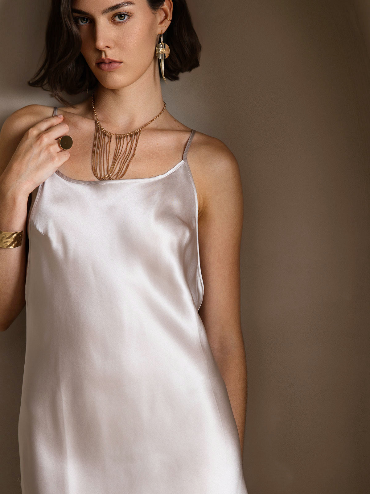 [Beige] SilkSilky-ES Seda Pura Sin mangas Round Neck Vestido 005