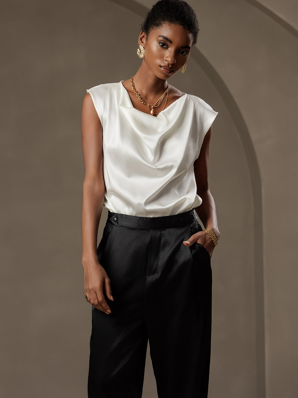 [Negro] SilkSilky-ES 19Momme Seda Womens Pants 005
