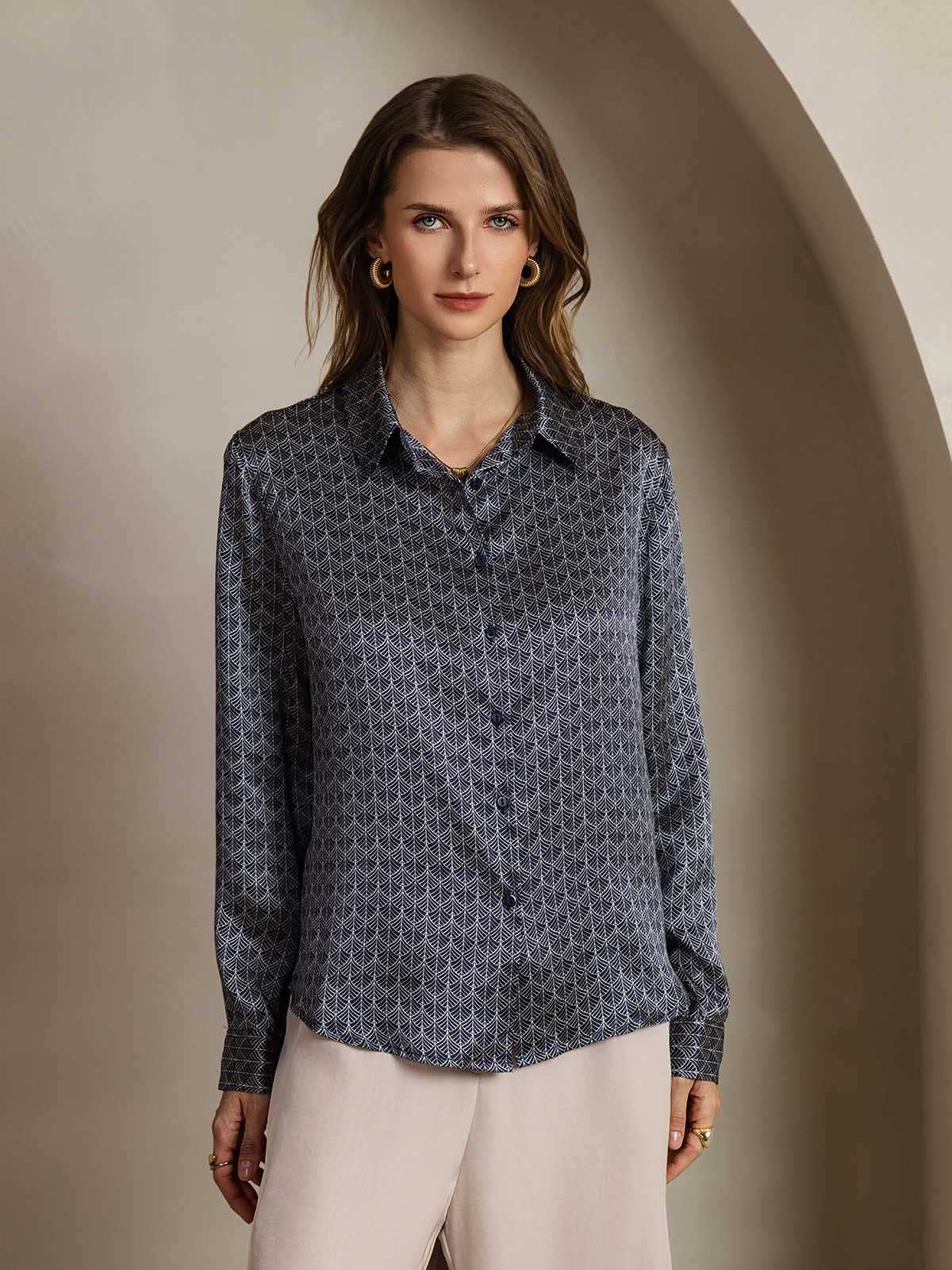 [Ginkgo Azul Marino] SilkSilky-ES Seda Manga larga Cuello Camisero Blusas de Mujer 001