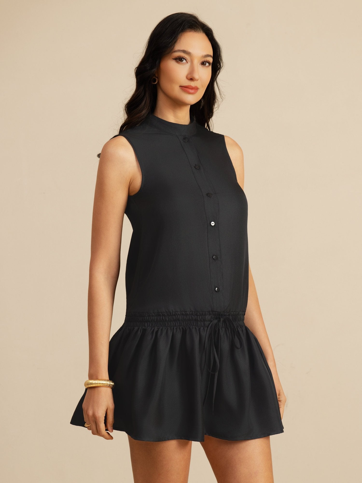 [Negro] SilkSilky-ES 18Momme Sin mangas Cuello Alto Vestido 003