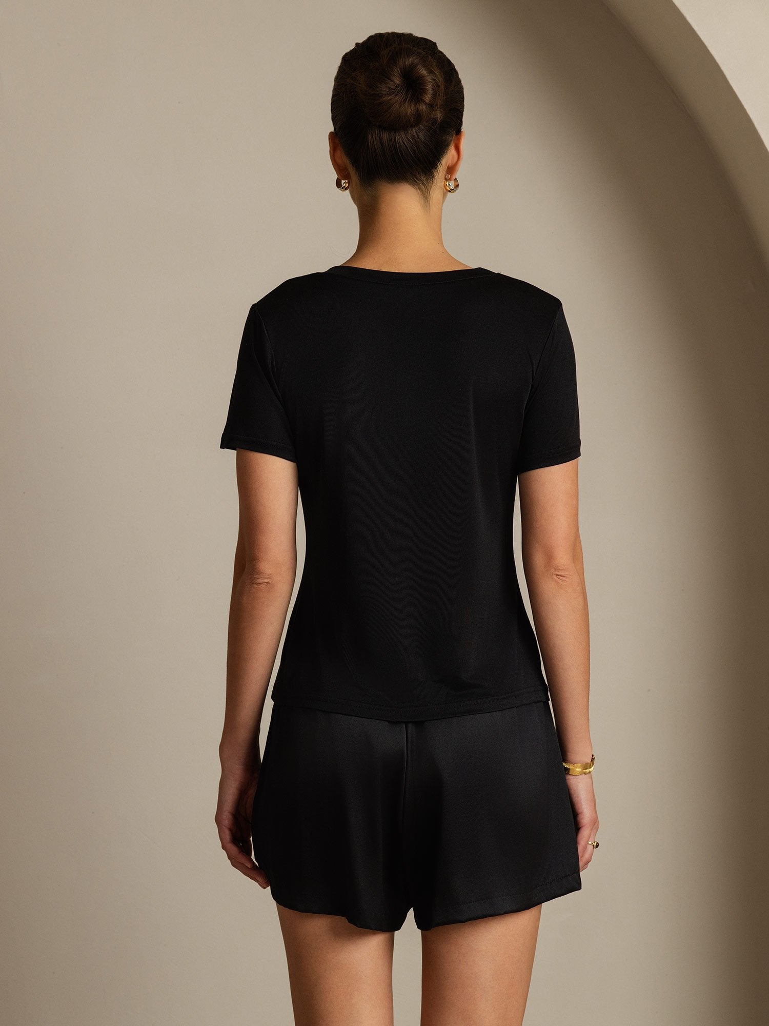 [Negro] SilkSilky-ES Seda Pura Cuello en V Camisetas de Mujer 002