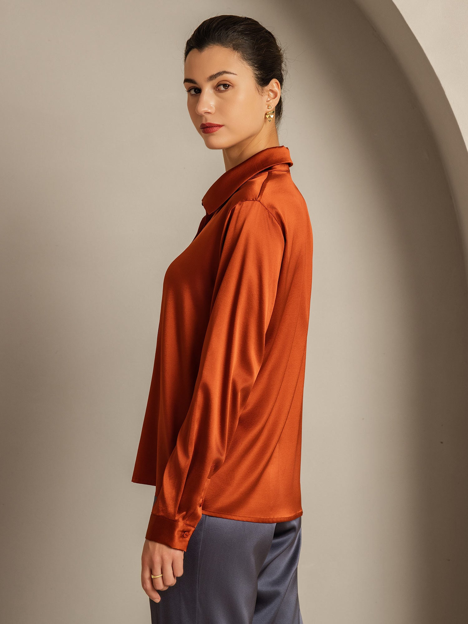 [Caramelo] SilkSilky-ES 19Momme Seda Cuello Camisero Blusas de Mujer 002