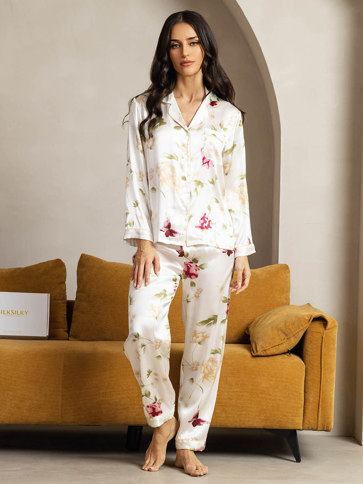 [Floral Marfil] SilkSilky-ES Seda Pura Womens Pajamas 001