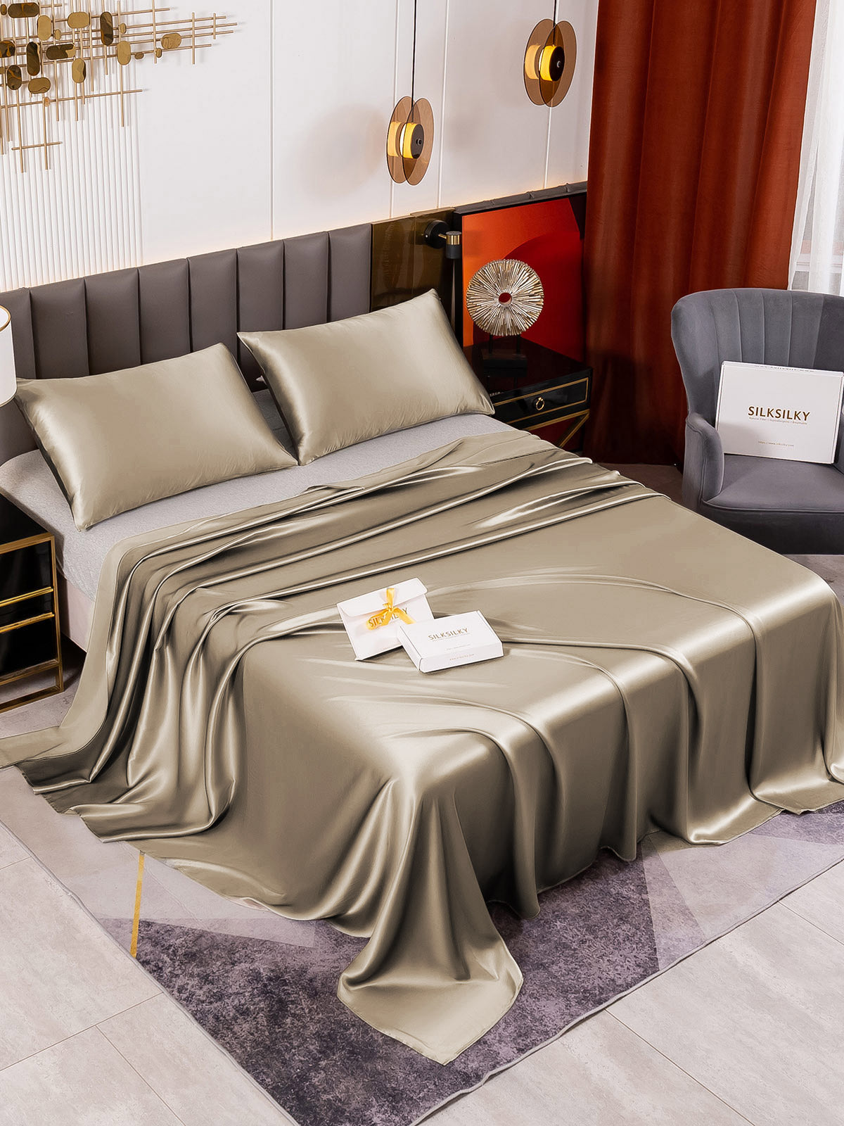 [Caqui] SilkSilky-ES 19Momme Juego de ropa de cama 001