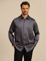 [Gris Oscuro] SilkSilky-ES Long Sleeve Lapel Collar Camisa de hombre 003