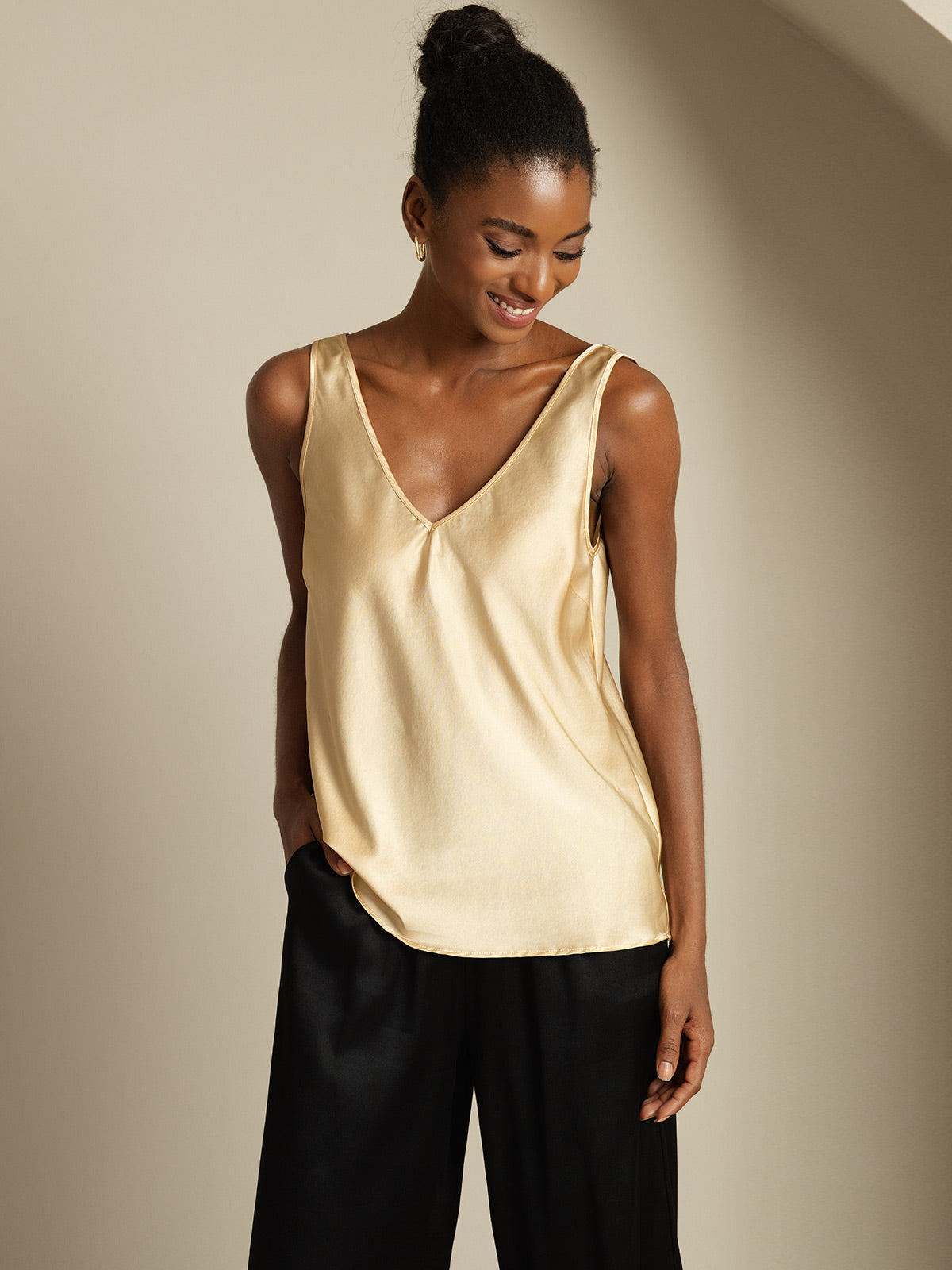 [Champán] SilkSilky-ES 19Momme Sin mangas Cuello en V Top de tirantes 006