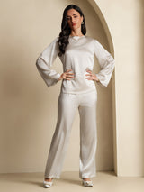 [Gris Claro] SilkSilky-ES Long Sleeve Boat Neck Blusa 008