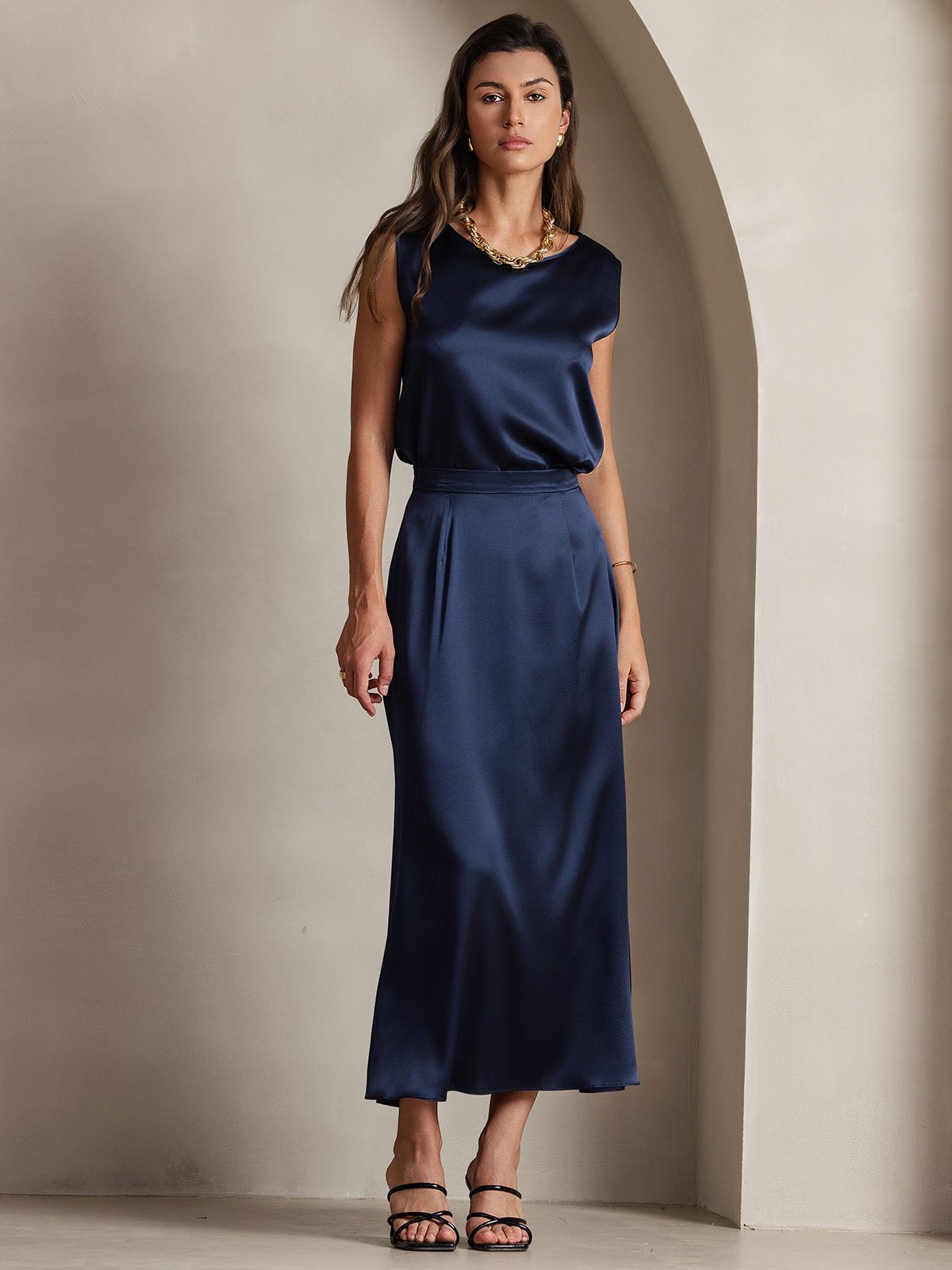 [Azul Oscuro] SilkSilky-ES 19Momme Seda Skirt 006
