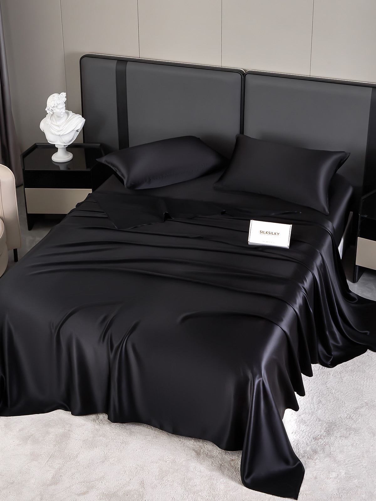 SilkSilky ES 19Momme Seda Pura Bedding Set Negro 001