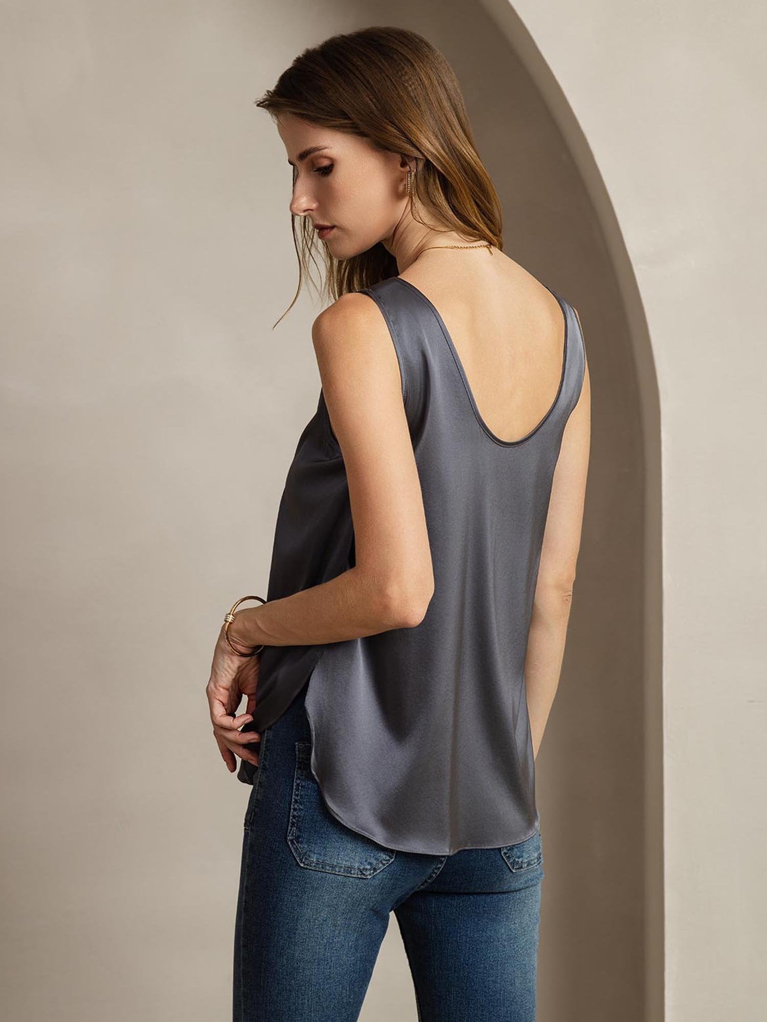 [GrisOscuro] SilkSilky-ES 19Momme Seda Cuello en U Camisetas de Mujer 003