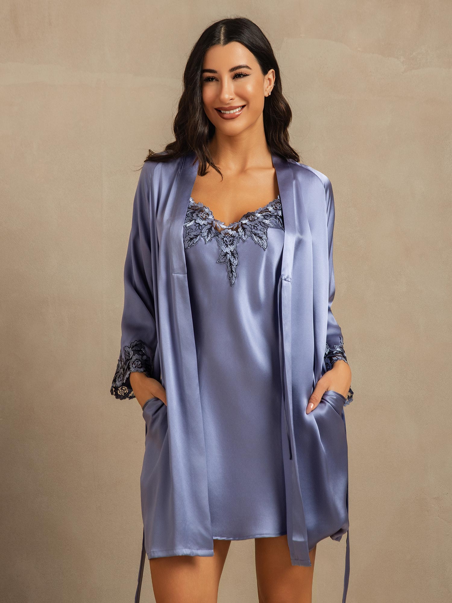 [Azul Acero] SilkSilky-ES Manga francesa Nightgown&Robe Set 007
