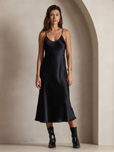 [Negro] SilkSilky-ES Spaghetti Strap V Neck Vestido 003