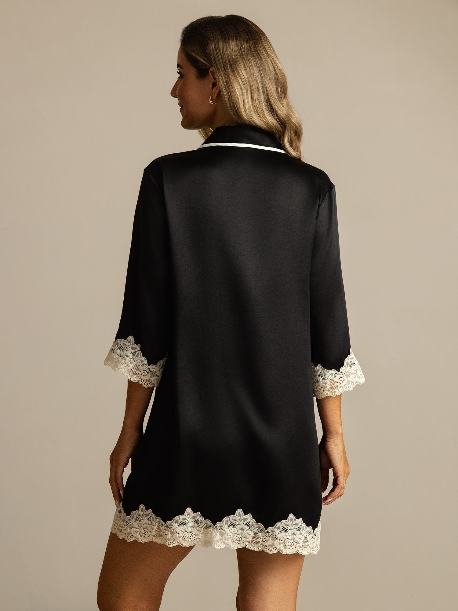 [Negro] SilkSilky-ES Seda Pura Cuello Camisero Camisas de dormir 002