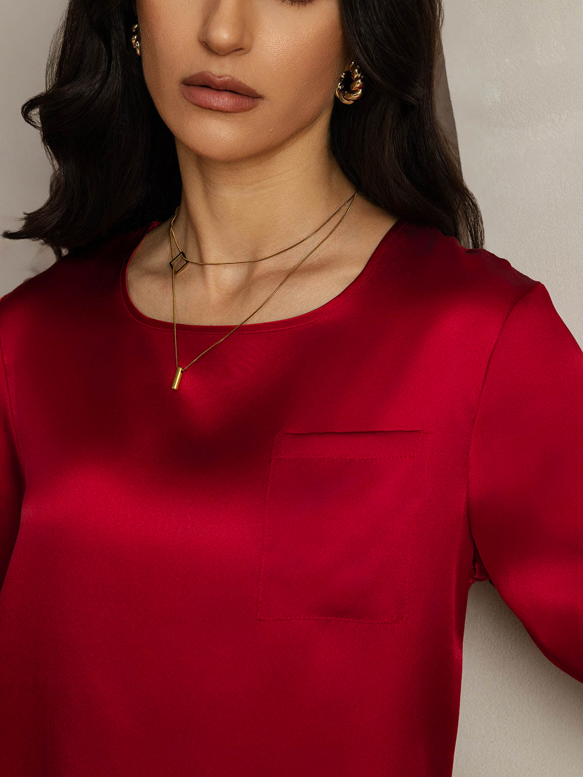 [Rojo Oscuro] SilkSilky-ES Seda Pura Cuello Barco Camisetas de Mujer 004