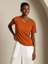 [Naranja] SilkSilky-ES Short Sleeve V Neck Camisetas de Mujer 007