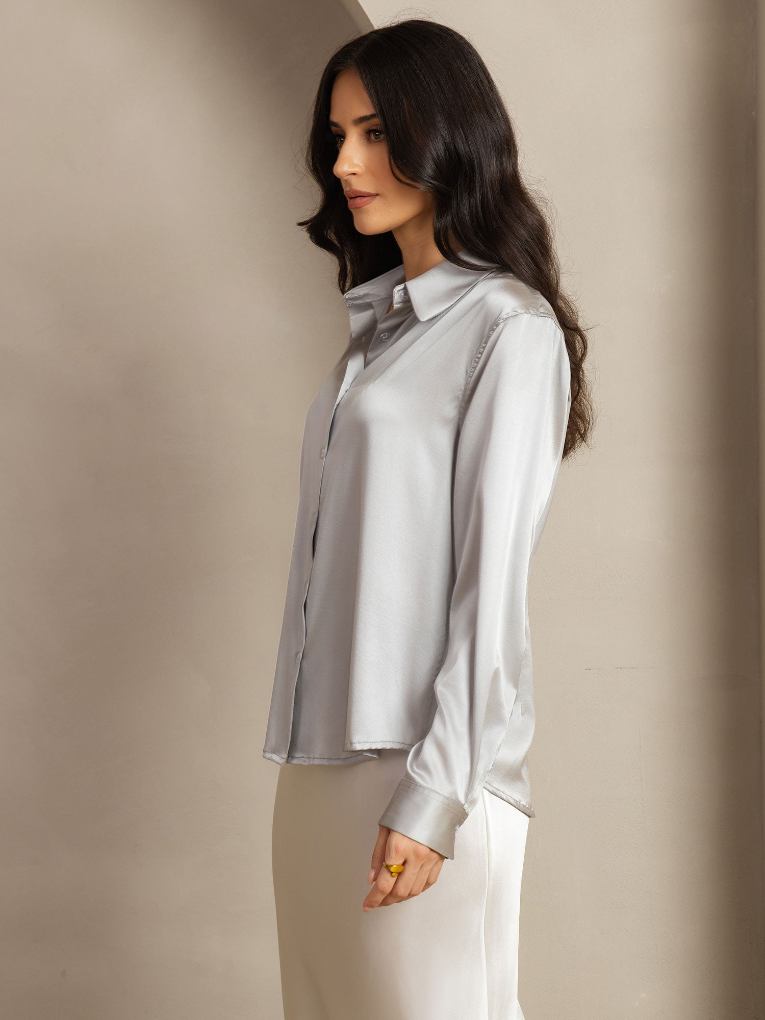 [Gris Claro] SilkSilky-ES Seda Cuello Camisero Blusas de Mujer 003